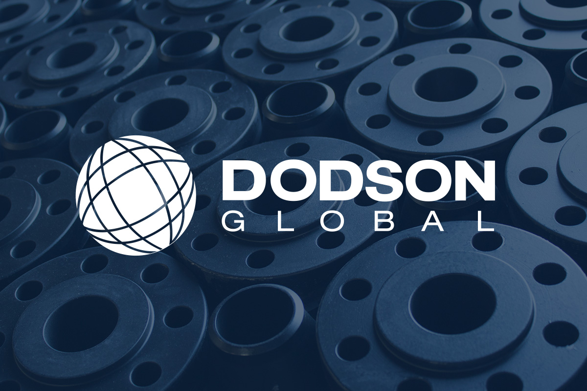 Dodson Global logo on a photo background of carbon steel flanges.